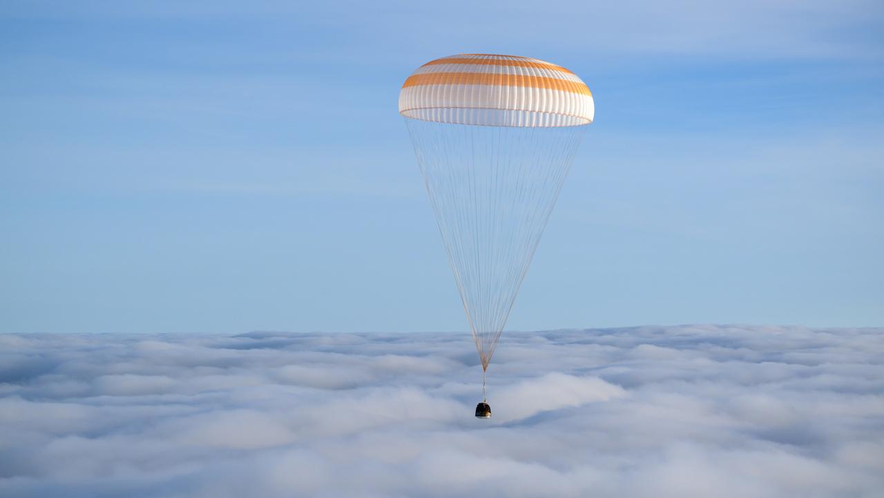 The Soyuz MS-26 spacecraft is seen as it lands in a remote area near the town of Zhezkazgan, Kazakhstan with Expedition 72 NASA astronaut Don Pettit, and Roscosmos cosmonauts Alexey Ovchinin and Ivan Vagner aboard, Sunday, April 20, 2025, (April 19 Eastern). The trio are returning to Earth after logging 220 days in space as a members of Expeditions 71 and 72 aboard the International Space Station. Photo Credit: (NASA/Bill Ingalls)