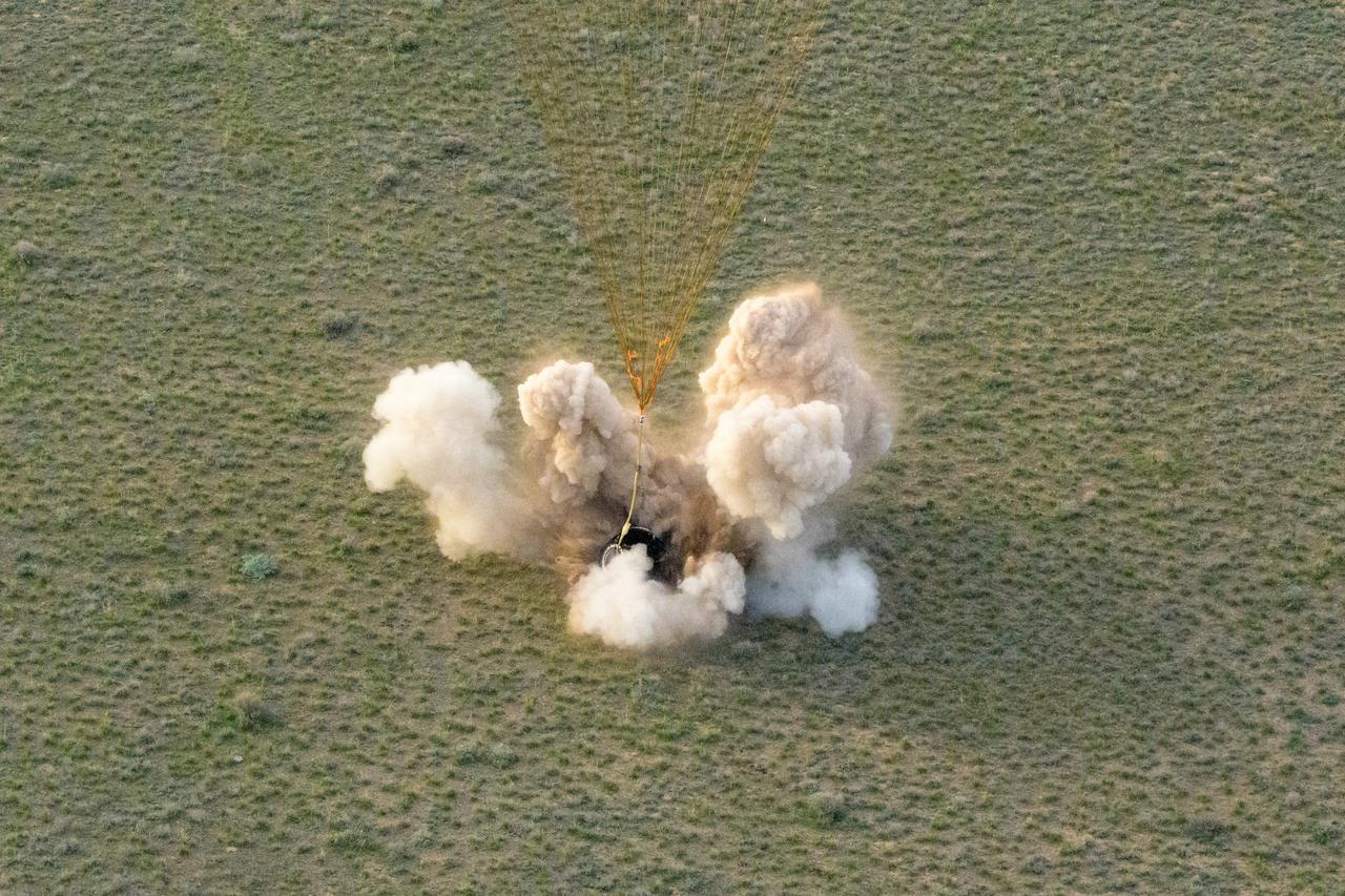 The Soyuz MS-26 spacecraft is seen as it lands in a remote area near the town of Zhezkazgan, Kazakhstan with Expedition 72 NASA astronaut Don Pettit, and Roscosmos cosmonauts Alexey Ovchinin and Ivan Vagner aboard, Sunday, April 20, 2025, (April 19 Eastern). The trio are returning to Earth after logging 220 days in space as a members of Expeditions 71 and 72 aboard the International Space Station. Photo Credit: (NASA/Bill Ingalls)