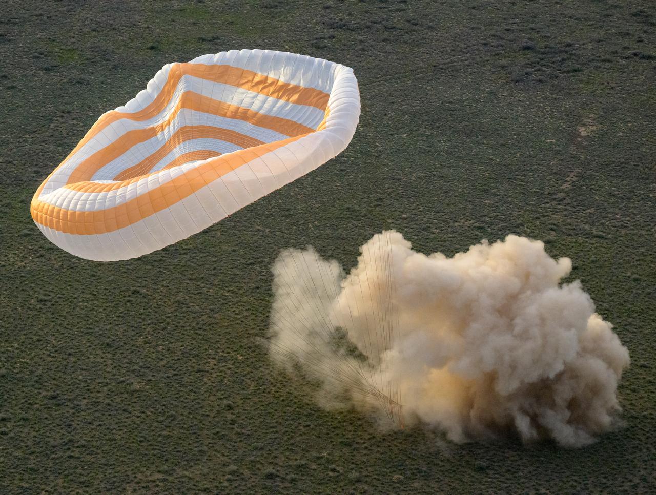 The Soyuz MS-26 spacecraft is seen as it lands in a remote area near the town of Zhezkazgan, Kazakhstan with Expedition 72 NASA astronaut Don Pettit, and Roscosmos cosmonauts Alexey Ovchinin and Ivan Vagner aboard, Sunday, April 20, 2025, (April 19 Eastern). The trio are returning to Earth after logging 220 days in space as a members of Expeditions 71 and 72 aboard the International Space Station. Photo Credit: (NASA/Bill Ingalls)