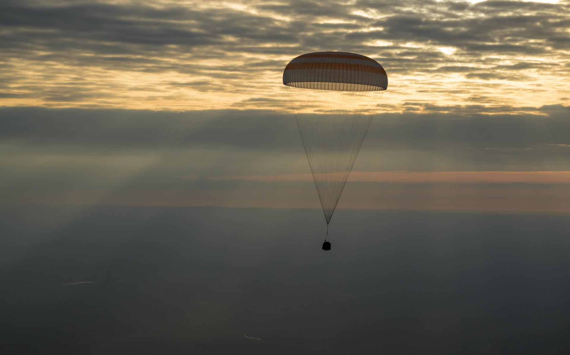 The Soyuz MS-26 spacecraft is seen as it lands in a remote area near the town of Zhezkazgan, Kazakhstan with Expedition 71 and 72 NASA astronaut Don Pettit, and Roscosmos cosmonauts Alexey Ovchinin and Ivan Vagner aboard, Sunday, April 20, 2025, (April 19 Eastern). The trio are returning to Earth after logging 220 days in space as members of Expeditions 71 and 72 aboard the International Space Station.