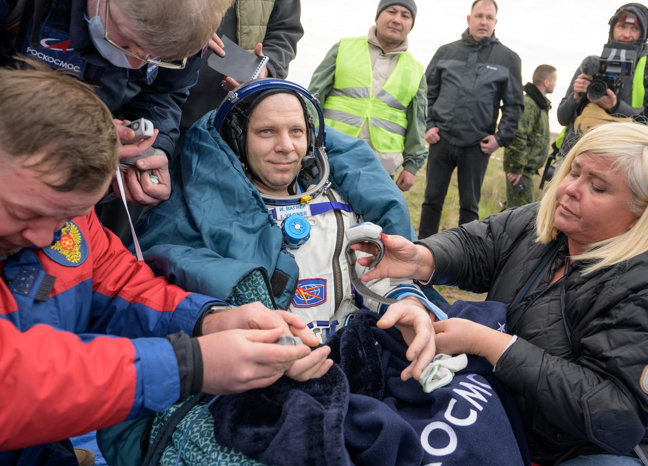 Roscosmos cosmonaut Ivan Vagner is seen outside the Soyuz MS-26 spacecraft after he landed with NASA astronaut Don Pettit and Roscosmos cosmonaut Alexey Ovchinin in a remote area near the town of Zhezkazgan, Kazakhstan on Sunday, April 20, 2025, (April 19 Eastern). The trio returned to Earth after logging 220 days in space as members of Expeditions 71 and 72 aboard the International Space Station. Photo Credit: (NASA/Bill Ingalls)