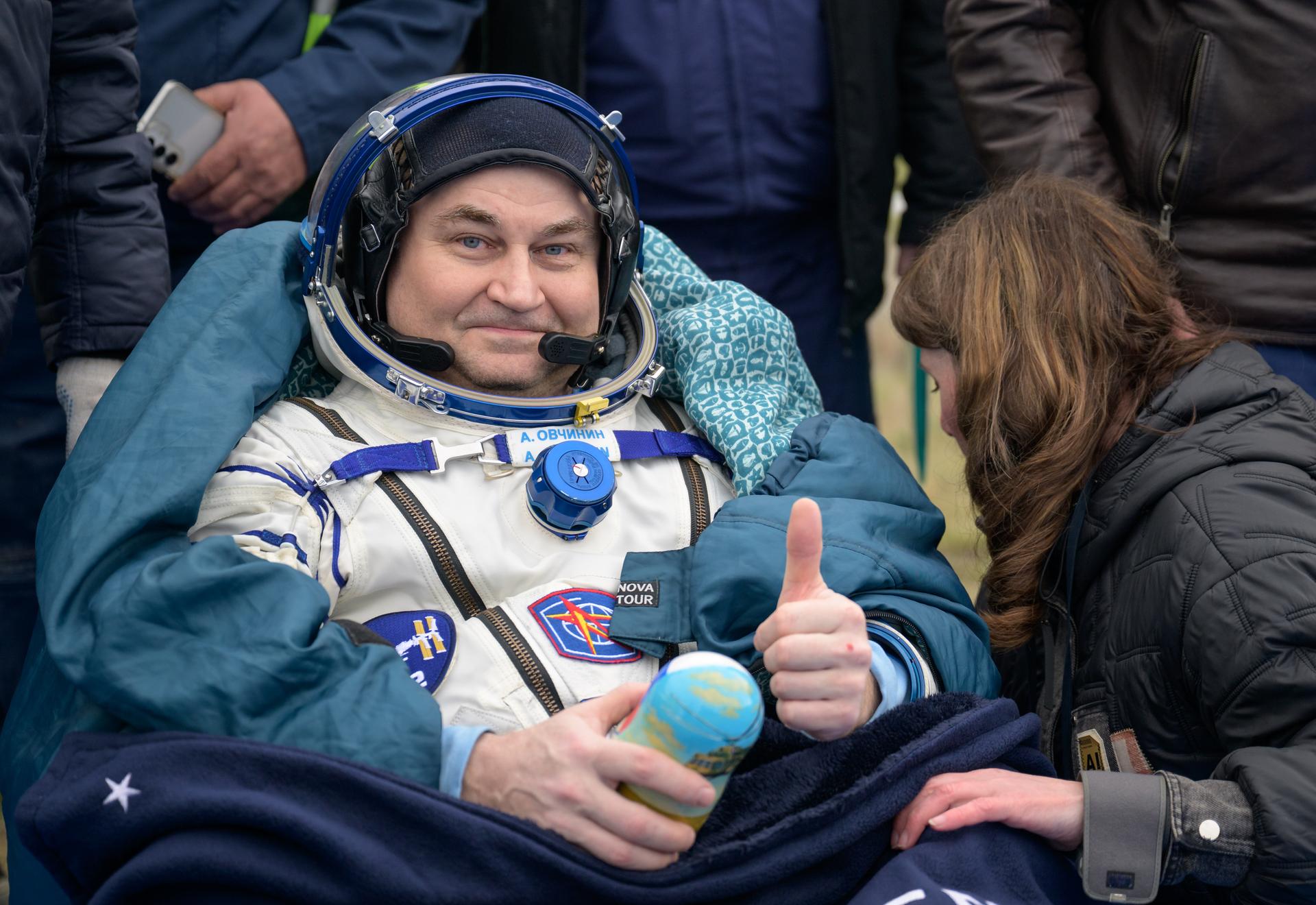 Roscosmos cosmonaut Alexey Ovchinin is seen outside the Soyuz MS-26 spacecraft after he landed with Roscosmos cosmonaut Ivan Vagner, and NASA astronaut Don Pettit in a remote area near the town of Zhezkazgan, Kazakhstan on Sunday, April 20, 2025, (April 19 Eastern). The trio returned to Earth after logging 220 days in space as members of Expeditions 71 and 72 aboard the International Space Station.