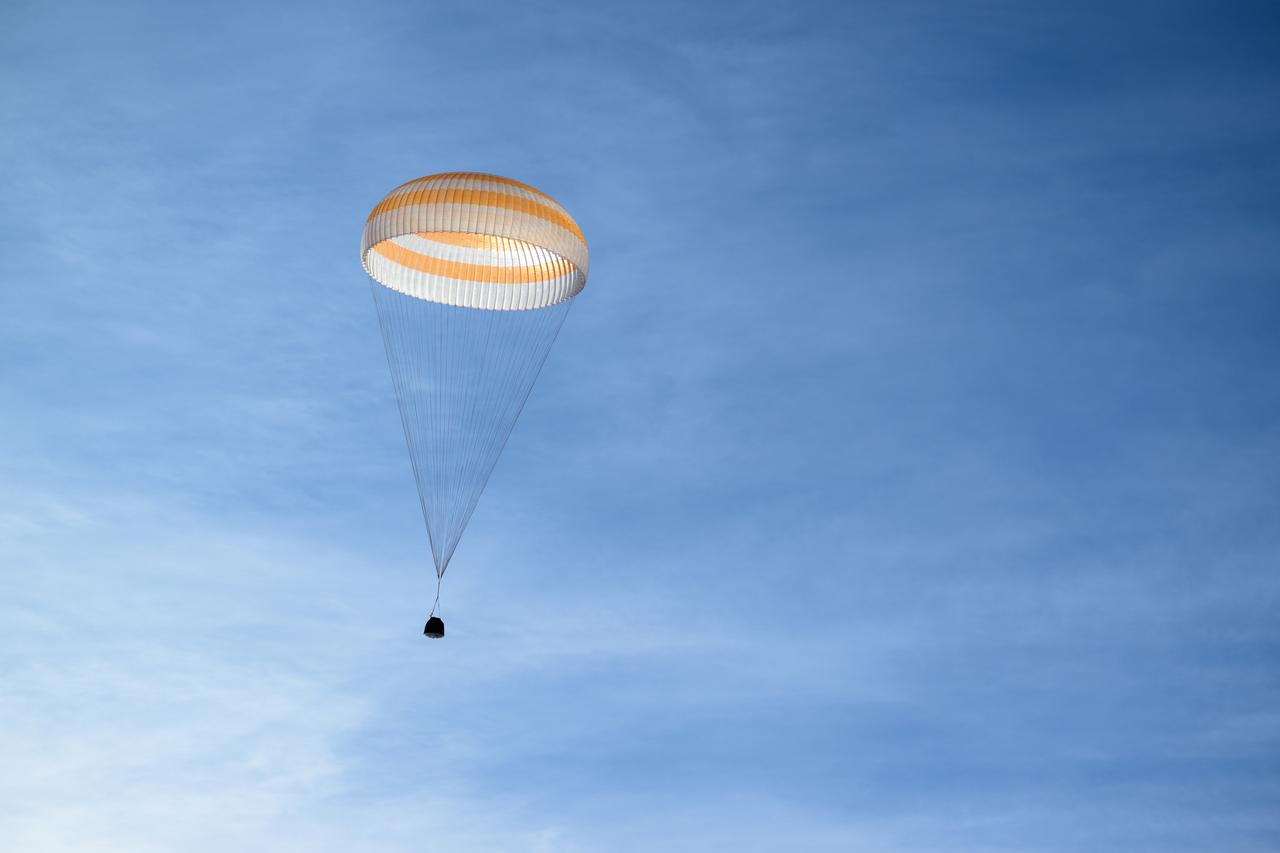 The Soyuz MS-26 spacecraft is seen as it lands in a remote area near the town of Zhezkazgan, Kazakhstan with Expedition 72 NASA astronaut Don Pettit, and Roscosmos cosmonauts Alexey Ovchinin and Ivan Vagner aboard, Sunday, April 20, 2025, (April 19 Eastern). The trio are returning to Earth after logging 220 days in space as members of Expeditions 71 and 72 aboard the International Space Station. Photo Credit: (NASA/Bill Ingalls)