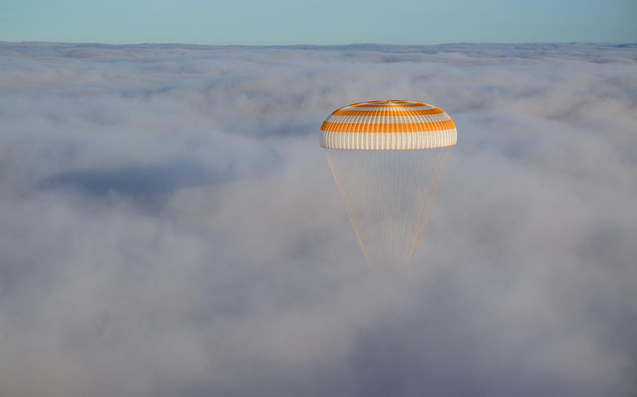 The Soyuz MS-26 spacecraft is seen as it lands in a remote area near the town of Zhezkazgan, Kazakhstan with Expedition 72 NASA astronaut Don Pettit, and Roscosmos cosmonauts Alexey Ovchinin and Ivan Vagner aboard, Sunday, April 20, 2025, (April 19 Eastern). The trio are returning to Earth after logging 220 days in space as members of Expeditions 71 and 72 aboard the International Space Station. Photo Credit: (NASA/Bill Ingalls)