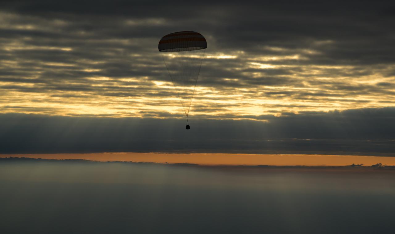 The Soyuz MS-26 spacecraft is seen as it lands in a remote area near the town of Zhezkazgan, Kazakhstan with Expedition 72 NASA astronaut Don Pettit, and Roscosmos cosmonauts Alexey Ovchinin and Ivan Vagner aboard, Sunday, April 20, 2025, (April 19 Eastern). The trio are returning to Earth after logging 220 days in space as members of Expeditions 71 and 72 aboard the International Space Station. Photo Credit: (NASA/Bill Ingalls)