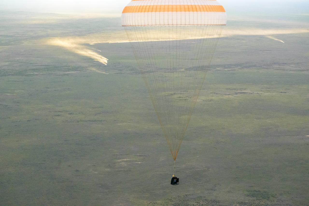 The Soyuz MS-26 spacecraft is seen as it lands in a remote area near the town of Zhezkazgan, Kazakhstan with Expedition 72 NASA astronaut Don Pettit, and Roscosmos cosmonauts Alexey Ovchinin and Ivan Vagner aboard, Sunday, April 20, 2025, (April 19 Eastern). The trio are returning to Earth after logging 220 days in space as members of Expeditions 71 and 72 aboard the International Space Station. Photo Credit: (NASA/Bill Ingalls)