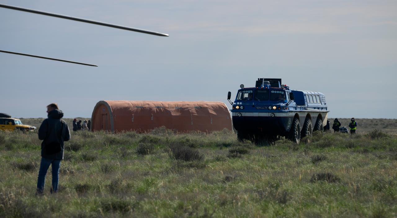 A Russian all terrain vehicle (ATV) drives each of the Expedition 72 crew members, NASA astronaut Don Pettit, Roscosmos cosmonauts Alexey Ovchinin and Ivan Vagner, to their awaiting helicopters after they landed in their Soyuz MS-26 spacecraft in a remote area near the town of Zhezkazgan, Kazakhstan, Sunday, April 20, 2025, (April 19 Eastern). The trio returned to Earth after logging 220 days in space as members of Expeditions 71 and 72 aboard the International Space Station. Photo Credit: (NASA/Bill Ingalls)