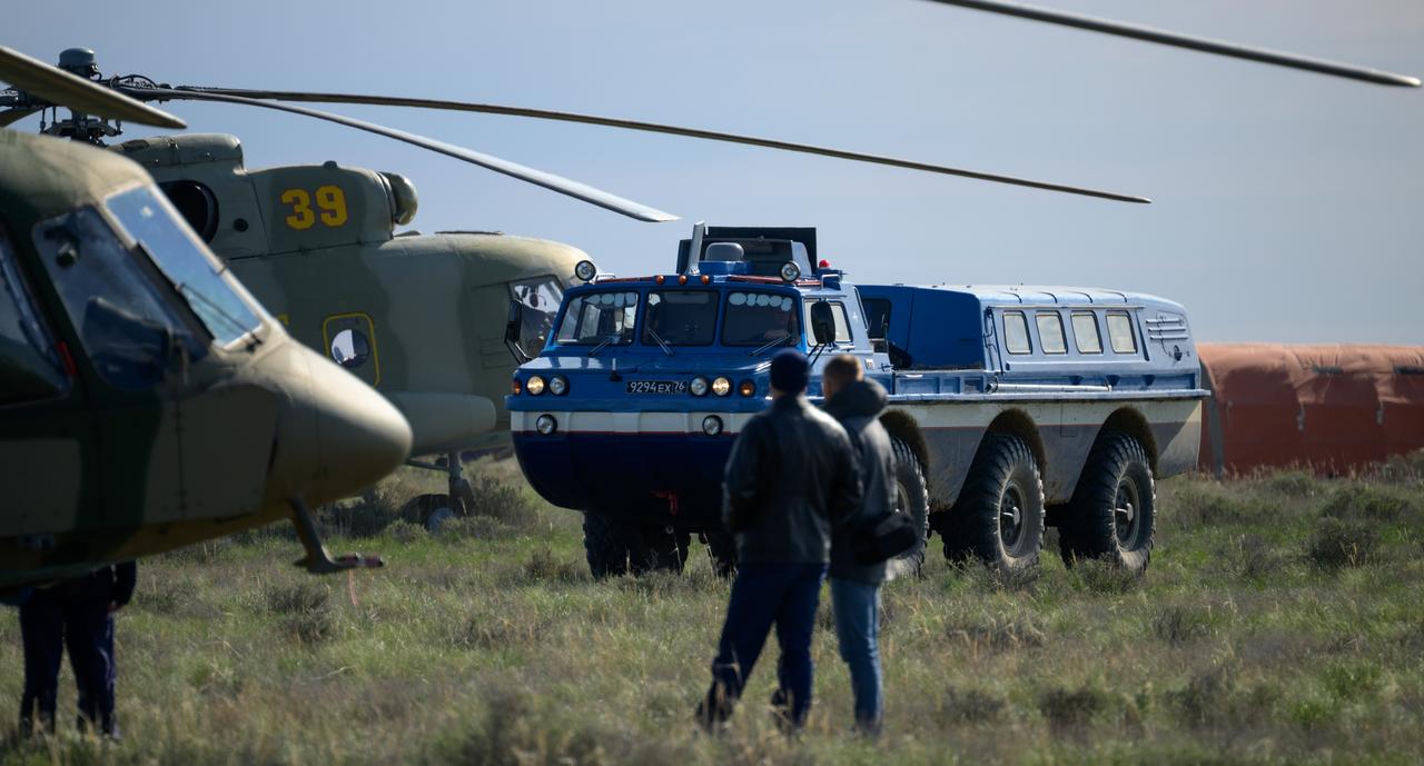 A Russian all terrain vehicle (ATV) drives each of the Expedition 72 crew members, NASA astronaut Don Pettit, Roscosmos cosmonauts Alexey Ovchinin and Ivan Vagner, to their awaiting helicopters after they landed in their Soyuz MS-26 spacecraft in a remote area near the town of Zhezkazgan, Kazakhstan, Sunday, April 20, 2025, (April 19 Eastern). The trio returned to Earth after logging 220 days in space as members of Expeditions 71 and 72 aboard the International Space Station. Photo Credit: (NASA/Bill Ingalls)