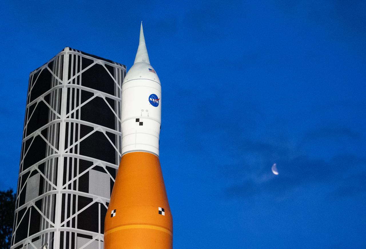 An inflatable model of the Space Launch System (SLS) is seen at sunrise ahead of the White House Easter Egg Roll, Monday, April 21, 2025, on the South Lawn of the White House in Washington. Photo Credit: (NASA/Keegan Barber)