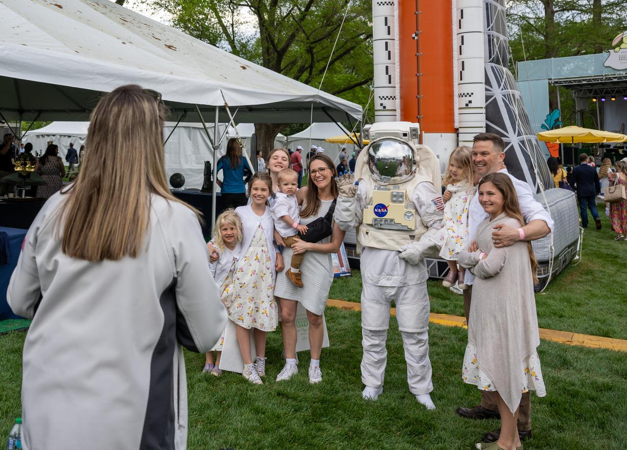 Spacey Casey poses for photos with guests during the White House Easter Egg Roll, Monday, April 21, 2025, on the South Lawn of the White House in Washington. Photo Credit: (NASA/Keegan Barber)