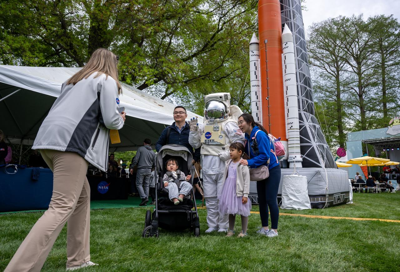 Spacey Casey poses for photos with guests during the White House Easter Egg Roll, Monday, April 21, 2025, on the South Lawn of the White House in Washington. Photo Credit: (NASA/Keegan Barber)