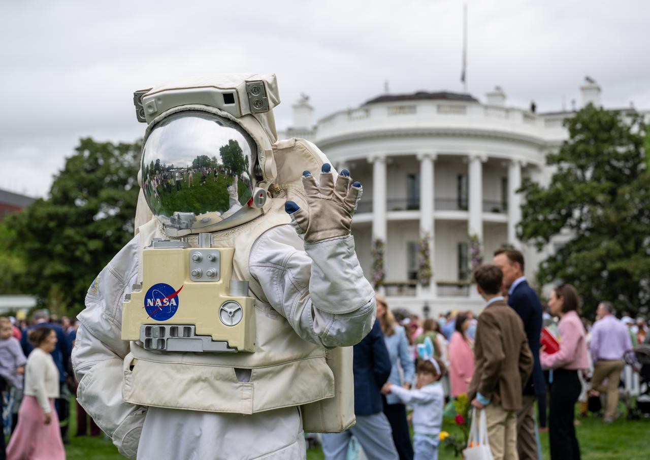 Spacey Casey poses for a photo during the White House Easter Egg Roll, Monday, April 21, 2025, on the South Lawn of the White House in Washington. Photo Credit: (NASA/Keegan Barber)