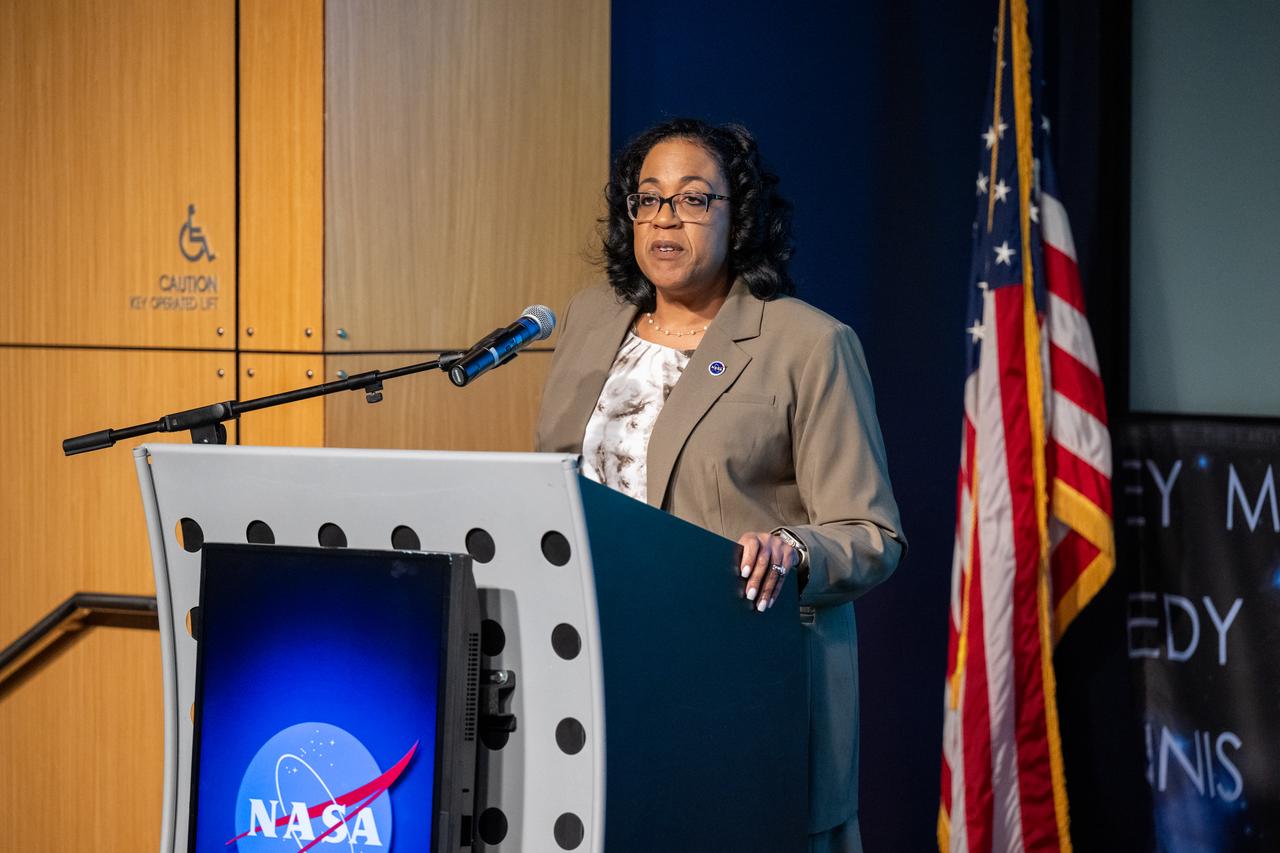 Senior Procurement Executive, Deputy Chief Acquisition Officer and Assistant Administrator for Procurement Karla Smith Jackson delivers remarks during a NASA Office of Procurement Enterprise Reverse Industry Day event Thursday, April 24, 2025, at the Mary W. Jackson NASA Headquarters building in Washington.  Photo Credit: (NASA/Keegan Barber)