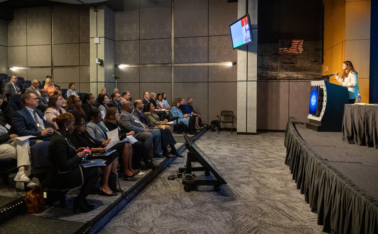 NASA Deputy Associate Administrator Casey Swails delivers remarks during a NASA Office of Procurement Enterprise Reverse Industry Day event Thursday, April 24, 2025, at the Mary W. Jackson NASA Headquarters building in Washington.  Photo Credit: (NASA/Keegan Barber)