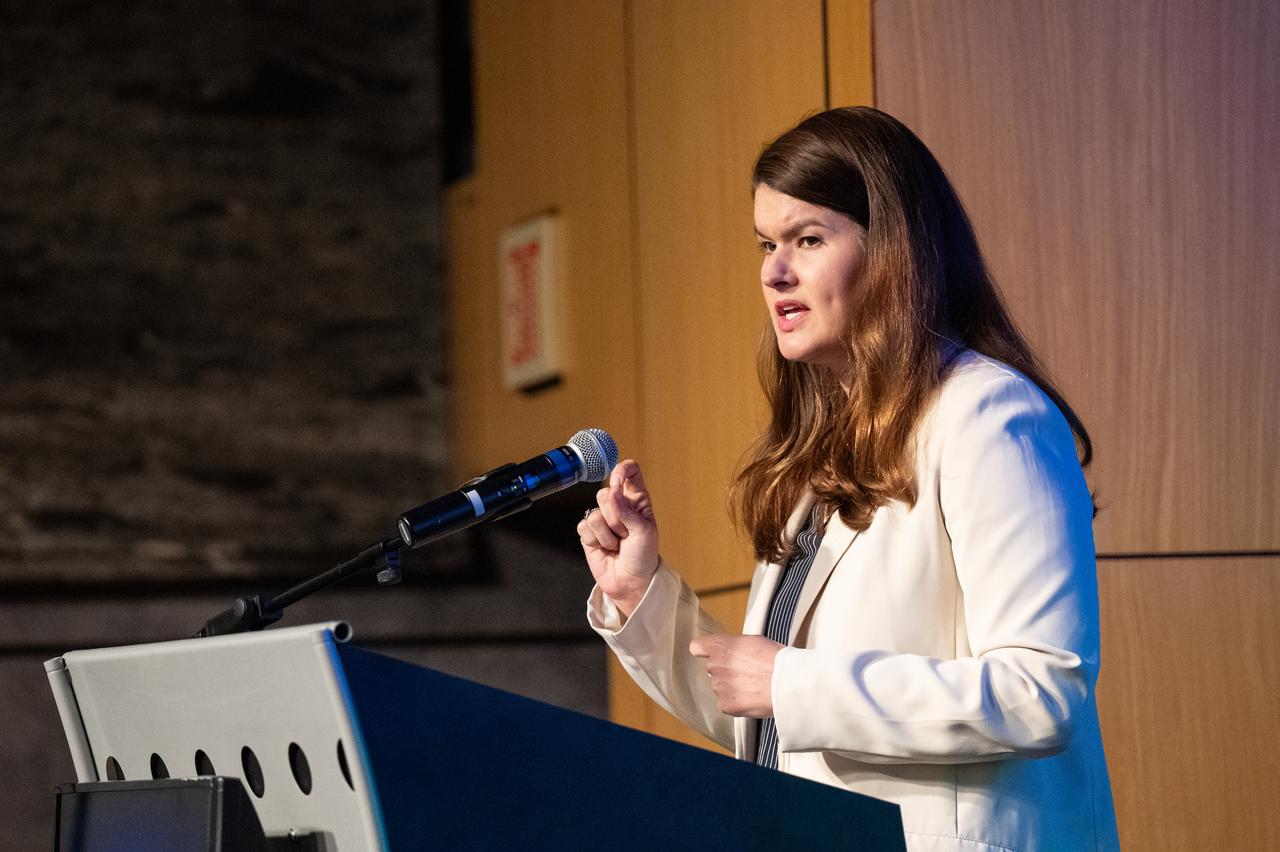 NASA Deputy Associate Administrator Casey Swails delivers remarks during a NASA Office of Procurement Enterprise Reverse Industry Day event Thursday, April 24, 2025, at the Mary W. Jackson NASA Headquarters building in Washington.  Photo Credit: (NASA/Keegan Barber)