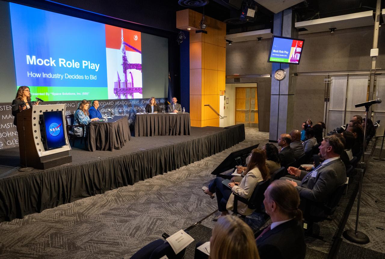 Krista Sweet, Professional Services Council, introduces presenters at a NASA Office of Procurement Enterprise Reverse Industry Day event Thursday, April 24, 2025, at the Mary W. Jackson NASA Headquarters building in Washington.  Photo Credit: (NASA/Keegan Barber)