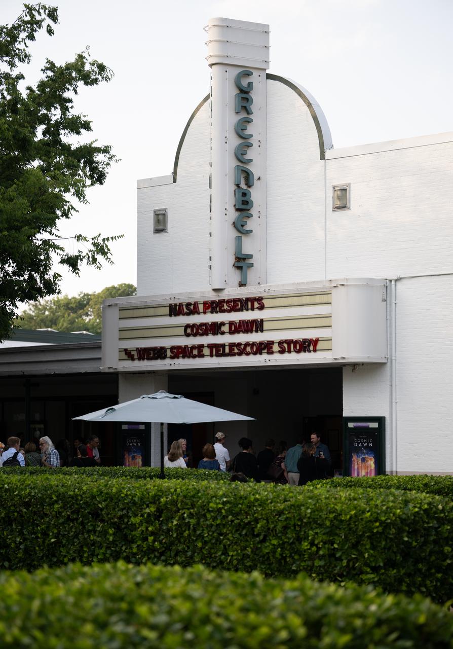 The marquee of the Greenbelt Cinema before a screening of the new NASA+ documentary “Cosmic Dawn: The Untold Story of the James Webb Space Telescope,” Wednesday, June 11, 2025, in Greenbelt, Maryland. Featuring never-before-seen footage, Cosmic Dawn offers an unprecedented glimpse into the assembly, testing, and launch of NASA’s James Webb Space Telescope.   Photo Credit: (NASA/Joel Kowsky)