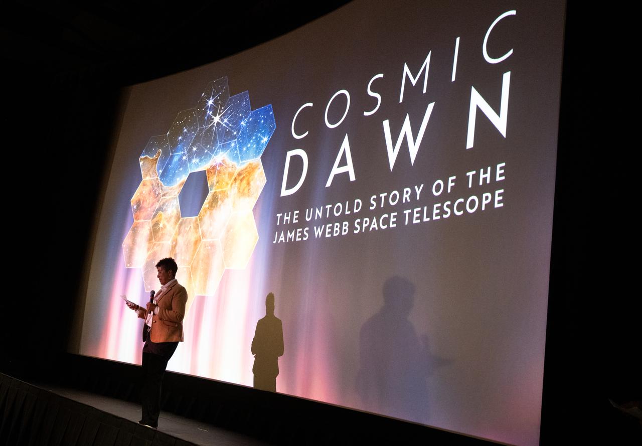 Cynthia Simmons, deputy director of NASA’s Goddard Space Flight Center, speaks before a screening of the new NASA+ documentary “Cosmic Dawn: The Untold Story of the James Webb Space Telescope,” Wednesday, June 11, 2025, at the Greenbelt Cinema in Greenbelt, Maryland. Featuring never-before-seen footage, Cosmic Dawn offers an unprecedented glimpse into the assembly, testing, and launch of NASA’s James Webb Space Telescope.   Photo Credit: (NASA/Joel Kowsky)