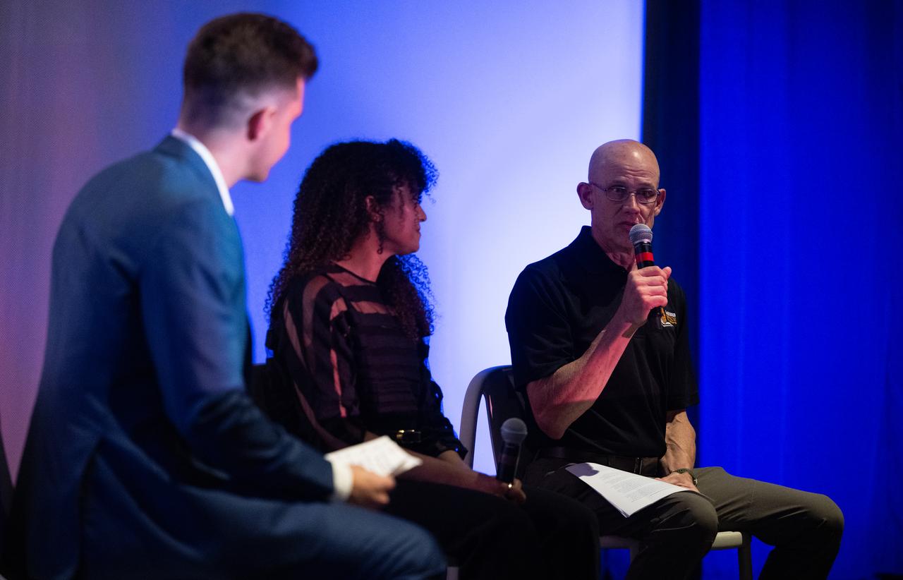 Paul Geithner, former deputy project manager for NASA’s James Webb Space Telescope, right, participates in a discussion alongside Sophia Roberts, a NASA video producer who documented the Webb project, and Jacob Pinter, host of NASA’s Curious Universe Podcast, following a screening of the new NASA+ documentary “Cosmic Dawn: The Untold Story of the James Webb Space Telescope,” Wednesday, June 11, 2025, at the Greenbelt Cinema in Greenbelt, Maryland. Featuring never-before-seen footage, Cosmic Dawn offers an unprecedented glimpse into the assembly, testing, and launch of NASA’s James Webb Space Telescope.   Photo Credit: (NASA/Joel Kowsky)