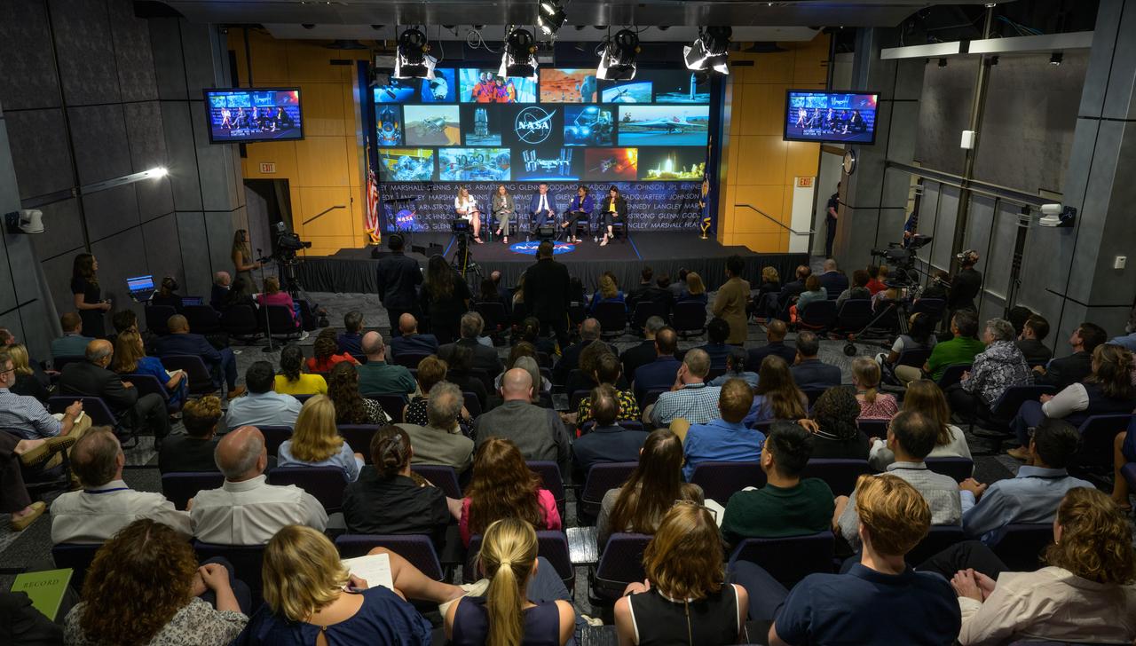 NASA Press Secretary Bethany Stevens, left, acting NASA Administrator Janet Petro, NASA Chief of Staff Brian Hughes, acting NASA Associate Administrator Vanessa Wyche, and NASA Deputy Associate Administrator Casey Swails, right, are seen during a NASA town hall event, Wednesday, June 25, 2025, at the NASA Headquarters Mary W. Jackson Building in Washington. Photo Credit: (NASA/Bill Ingalls)
