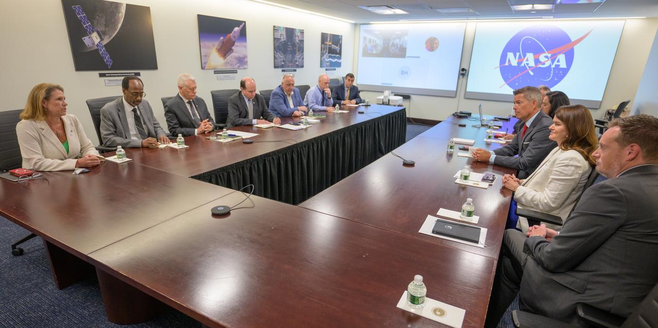 Acting NASA Administrator Sean Duffy, center right, speaks with NASA leadership, Friday, July 18, 2025, at the Mary W. Jackson NASA Headquarters Building in Washington. Photo Credit: (NASA/Bill Ingalls)
