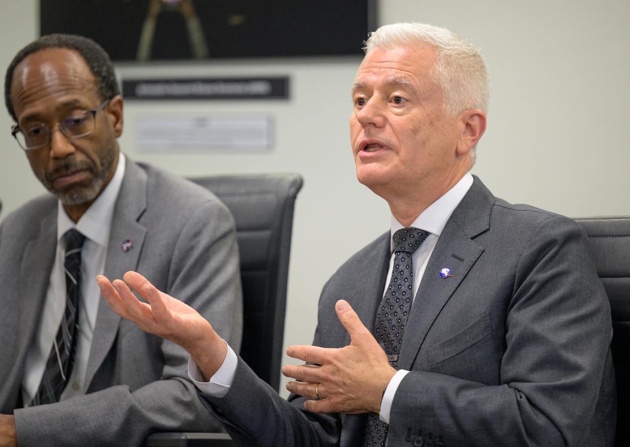 Acting Deputy Associate Administrator for NASA's Science Mission Directorate Mark Clampin speaks with acting NASA Administrator Sean Duffy, Friday, July 18, 2025, at the Mary W. Jackson NASA Headquarters Building in Washington. Photo Credit: (NASA/Bill Ingalls)