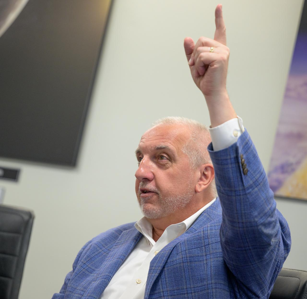 Associate Administrator for NASA's Aeronautics Research Mission Directorate Robert Pearce speaks with acting NASA Administrator Sean Duffy, Friday, July 18, 2025, at the Mary W. Jackson NASA Headquarters Building in Washington. Photo Credit: (NASA/Bill Ingalls)