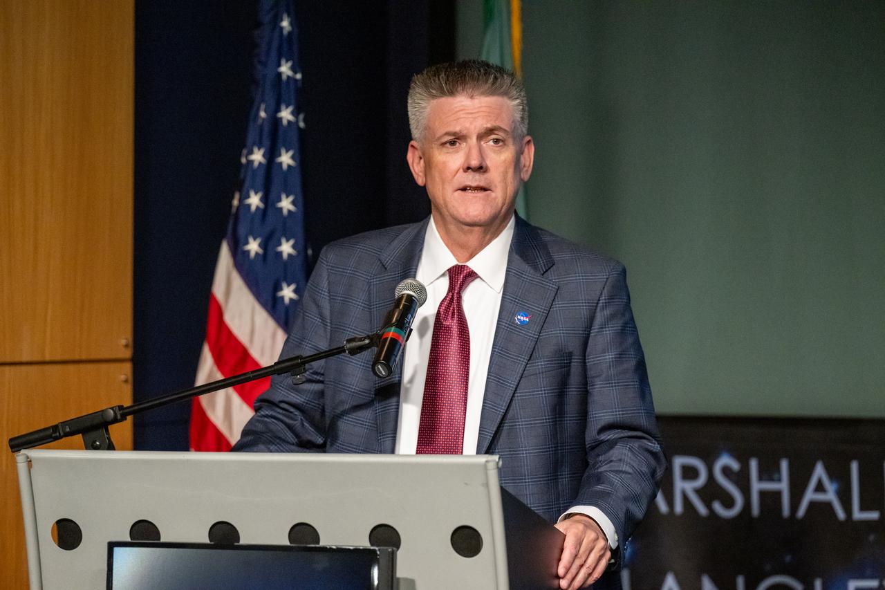NASA Chief of Staff Brian Hughes delivers remarks during an Artemis Accords signing ceremony Thursday, July 24, 2025, at the Mary W. Jackson NASA Headquarters building in Washington. Senegal is the 56th country to sign the Artemis Accords, which establish a practical set of principles to guide space exploration cooperation among nations participating in NASA’s Artemis program. Photo Credit: (NASA/Keegan Barber)