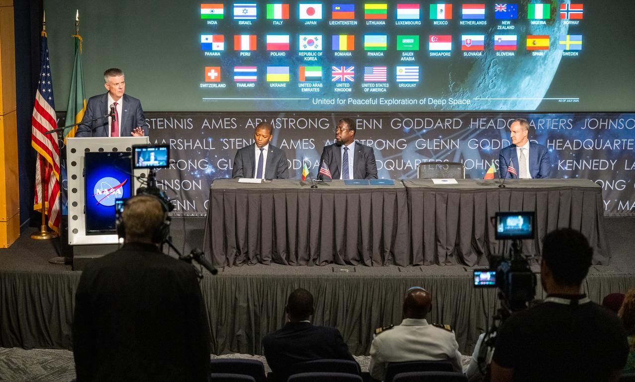NASA Chief of Staff Brian Hughes delivers remarks during an Artemis Accords signing ceremony Thursday, July 24, 2025, at the Mary W. Jackson NASA Headquarters building in Washington. Senegal is the 56th country to sign the Artemis Accords, which establish a practical set of principles to guide space exploration cooperation among nations participating in NASA’s Artemis program. Photo Credit: (NASA/Keegan Barber)