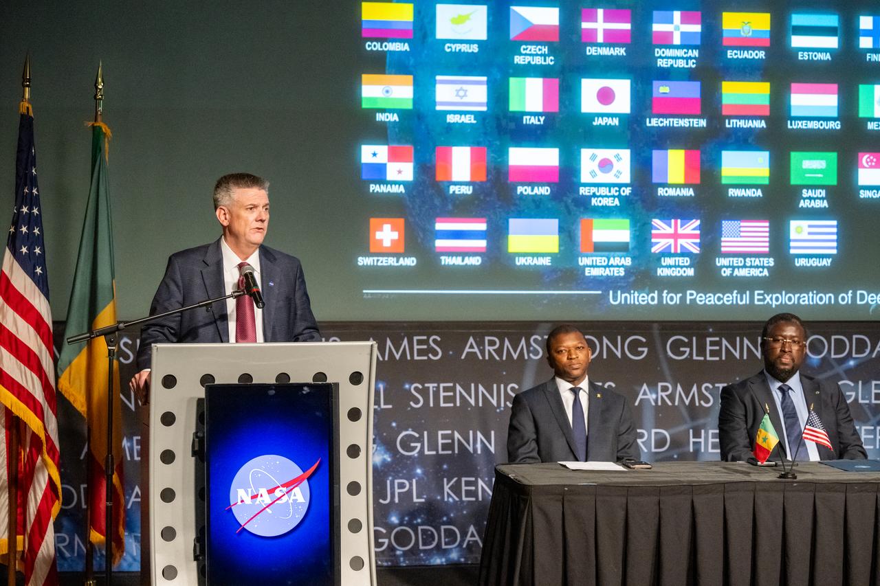 NASA Chief of Staff Brian Hughes delivers remarks during an Artemis Accords signing ceremony Thursday, July 24, 2025, at the Mary W. Jackson NASA Headquarters building in Washington. Senegal is the 56th country to sign the Artemis Accords, which establish a practical set of principles to guide space exploration cooperation among nations participating in NASA’s Artemis program. Photo Credit: (NASA/Keegan Barber)