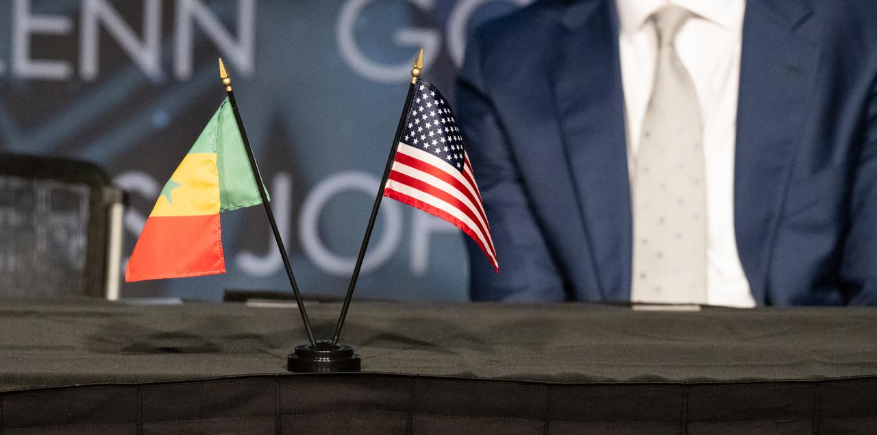 The flags of Senegal and the United States are seen during an Artemis Accords signing ceremony Thursday, July 24, 2025, at the Mary W. Jackson NASA Headquarters building in Washington. Senegal is the 56th country to sign the Artemis Accords, which establish a practical set of principles to guide space exploration cooperation among nations participating in NASA’s Artemis program. Photo Credit: (NASA/Keegan Barber)