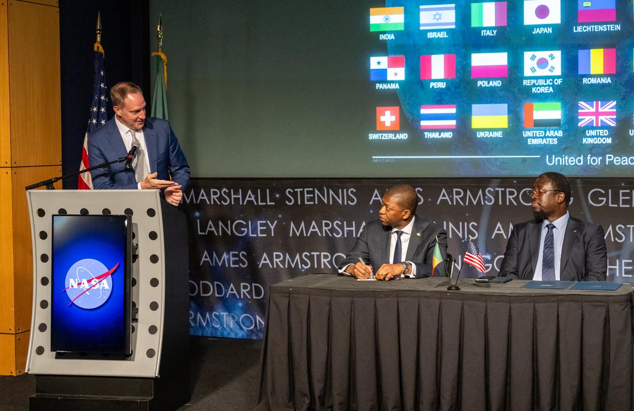 Department of State Bureau of African Affairs Senior Bureau Official Jonathan Pratt delivers remarks during an Artemis Accords signing ceremony Thursday, July 24, 2025, at the Mary W. Jackson NASA Headquarters building in Washington. Senegal is the 56th country to sign the Artemis Accords, which establish a practical set of principles to guide space exploration cooperation among nations participating in NASA’s Artemis program. Photo Credit: (NASA/Keegan Barber)