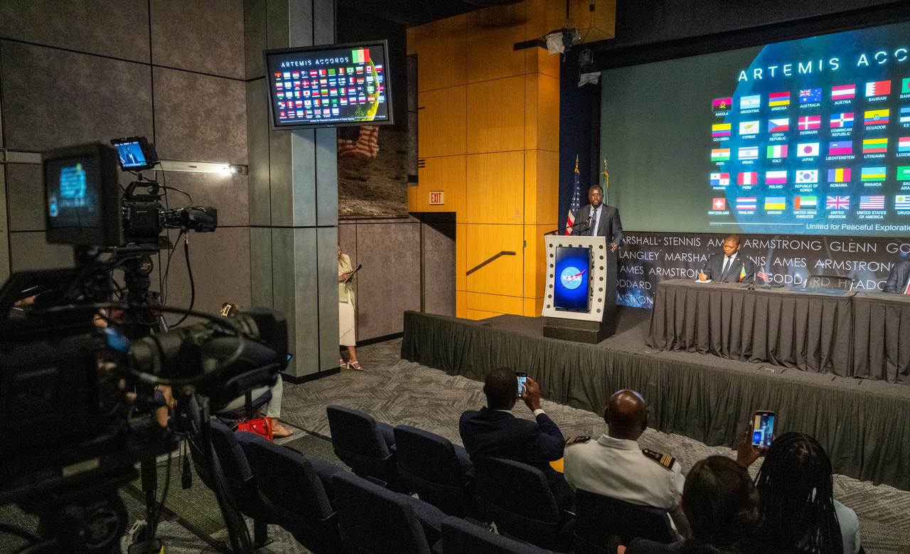 Director General of the Senegalese space agency (ASES) Maram Kairé delivers remarks during an Artemis Accords signing ceremony Thursday, July 24, 2025, at the Mary W. Jackson NASA Headquarters building in Washington. Senegal is the 56th country to sign the Artemis Accords, which establish a practical set of principles to guide space exploration cooperation among nations participating in NASA’s Artemis program. Photo Credit: (NASA/Keegan Barber)