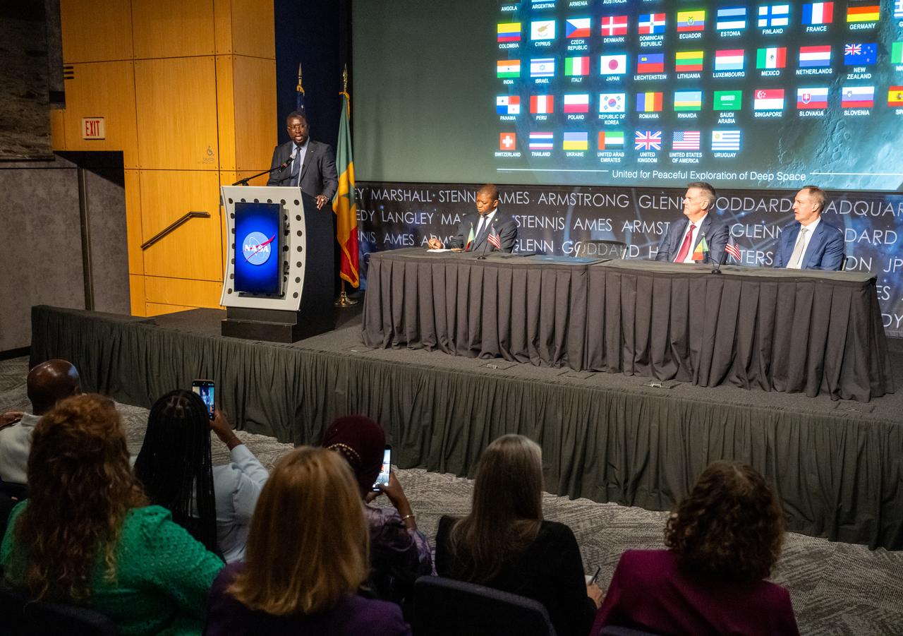 Director General of the Senegalese space agency (ASES) Maram Kairé delivers remarks during an Artemis Accords signing ceremony Thursday, July 24, 2025, at the Mary W. Jackson NASA Headquarters building in Washington. Senegal is the 56th country to sign the Artemis Accords, which establish a practical set of principles to guide space exploration cooperation among nations participating in NASA’s Artemis program. Photo Credit: (NASA/Keegan Barber)