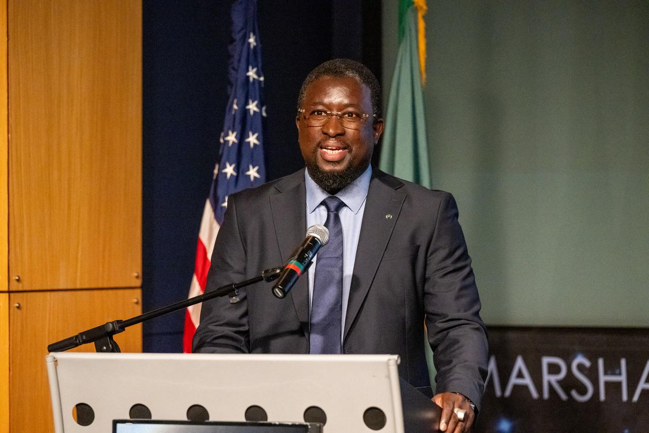 Director General of the Senegalese space agency (ASES) Maram Kairé delivers remarks during an Artemis Accords signing ceremony Thursday, July 24, 2025, at the Mary W. Jackson NASA Headquarters building in Washington. Senegal is the 56th country to sign the Artemis Accords, which establish a practical set of principles to guide space exploration cooperation among nations participating in NASA’s Artemis program. Photo Credit: (NASA/Keegan Barber)