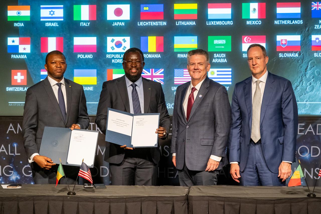 From left to right, Ambassador of Senegal to the United States Abdoul Wahab Haidara, Director General of the Senegalese space agency (ASES) Maram Kairé, NASA Chief of Staff Brian Hughes, and Department of State Bureau of African Affairs Senior Bureau Official Jonathan Pratt pose for a photo during an Artemis Accords signing ceremony Thursday, July 24, 2025, at the Mary W. Jackson NASA Headquarters building in Washington. Senegal is the 56th country to sign the Artemis Accords, which establish a practical set of principles to guide space exploration cooperation among nations participating in NASA’s Artemis program. Photo Credit: (NASA/Keegan Barber)
