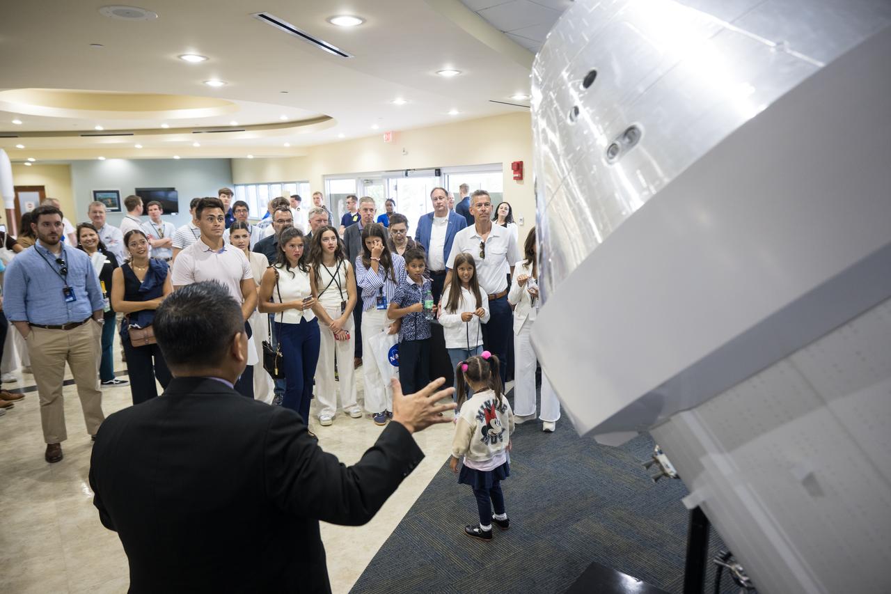 Acting NASA Administrator Sean Duffy and his family view a mockup of the Orion spacecraft during a tour of Lockheed Martin’s Orion Facility, Wednesday, July 30, 2025, at NASA’s Kennedy Space Center in Florida. Photo Credit: (NASA/Aubrey Gemignani)