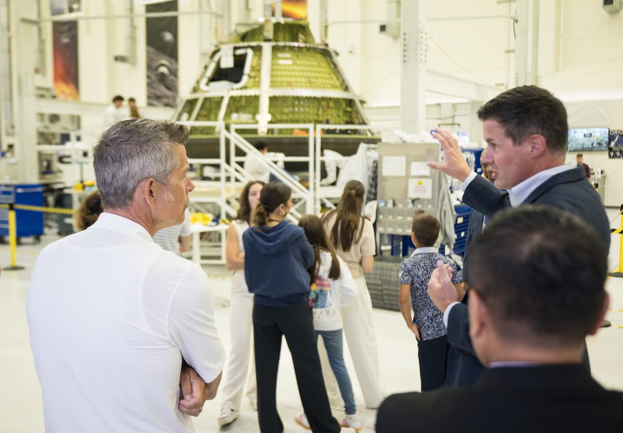Acting NASA Administrator Sean Duffy, left, views the Orion spacecraft hardware during a tour of Lockheed Martin’s Orion Facility, Wednesday, July 30, 2025, at NASA’s Kennedy Space Center in Florida. Photo Credit: (NASA/Aubrey Gemignani)