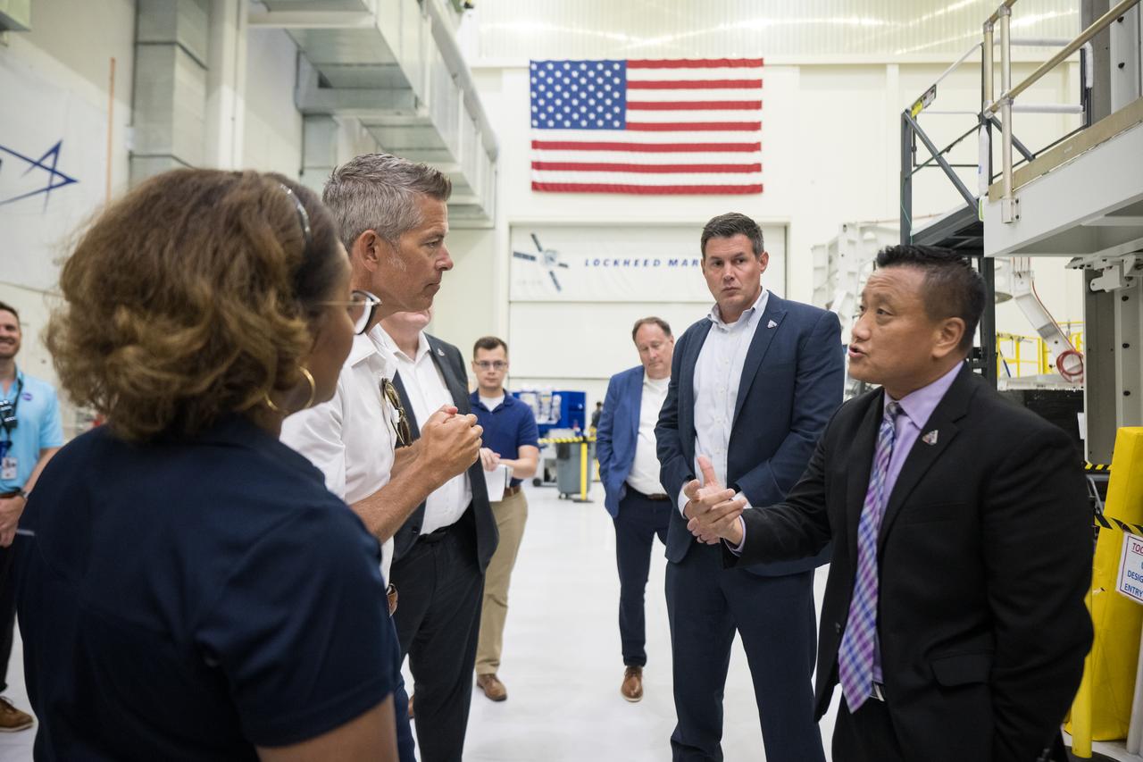 Acting NASA Administrator Sean Duffy speaks with Orion Program Manager, Howard Hu during a tour of Lockheed Martin’s Orion Facility, Wednesday, July 30, 2025, at NASA’s Kennedy Space Center in Florida. Photo Credit: (NASA/Aubrey Gemignani)