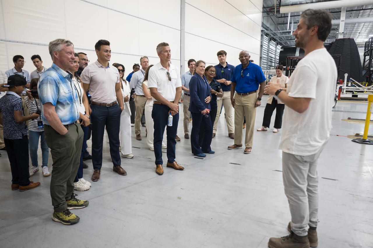 SpaceX Vice President for Launch, Kiko Dontchev, provides remarks during a tour of Hangar X with Acting NASA Administrator Sean Duffy, his family, and NASA leadership, Wednesday, July 30, 2025, at NASA’s Kennedy Space Center in Florida. Photo Credit: (NASA/Aubrey Gemignani)