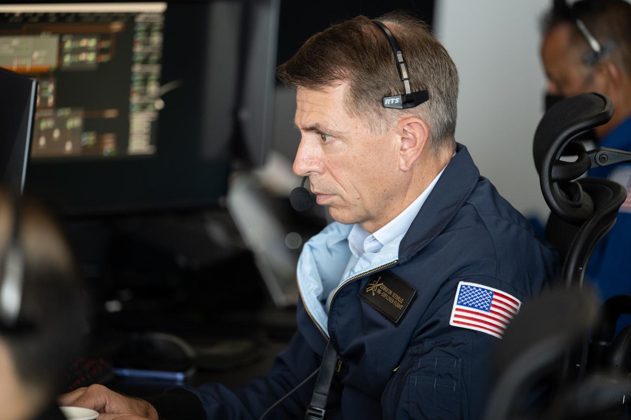 Zeb Scoville, NASA's deputy chief flight director, monitors the countdown of a launch attempt of a SpaceX Falcon 9 rocket carrying the company's Dragon spacecraft on NASA’s SpaceX Crew-11 mission with NASA astronauts Zena Cardman, Mike Fincke, JAXA (Japan Aerospace Exploration Agency) astronaut Kimiya Yui, and Roscosmos cosmonaut Oleg Platonov onboard, Thursday, July 31, 2025, in the control center of SpaceX’s HangarX at NASA’s Kennedy Space Center in Florida. NASA’s SpaceX Crew-11 mission is the eleventh crew rotation mission of the SpaceX Dragon spacecraft and Falcon 9 rocket to the International Space Station as part of the agency’s Commercial Crew Program. Today’s launch of Cardman, Fincke, Yui, Platonov was scrubbed due to weather and is now scheduled for 11:43 a.m. EDT on Friday, August 1, from Launch Complex 39A at the NASA's Kennedy Space Center. Photo Credit: (NASA/Joel Kowsky)