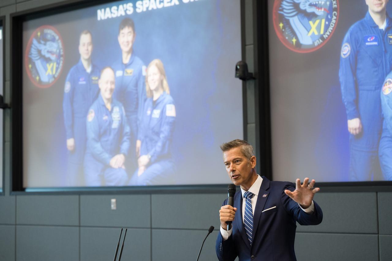 Acting NASA Administrator Sean Duffy, provides remarks at a briefing as NASA astronauts Zena Cardman, Mike Fincke, JAXA (Japan Aerospace Exploration Agency) astronaut Kimiya Yui, and Roscosmos cosmonaut Oleg Platonov, prepare for launch from Launch Complex 39A on NASA's Kennedy Space Center, Thursday, July 31, 2025. The launch was scrubbed due to weather and is now scheduled for 11:43 a.m. EDT on Friday, August 1.  Photo Credit: (NASA/Aubrey Gemignani)