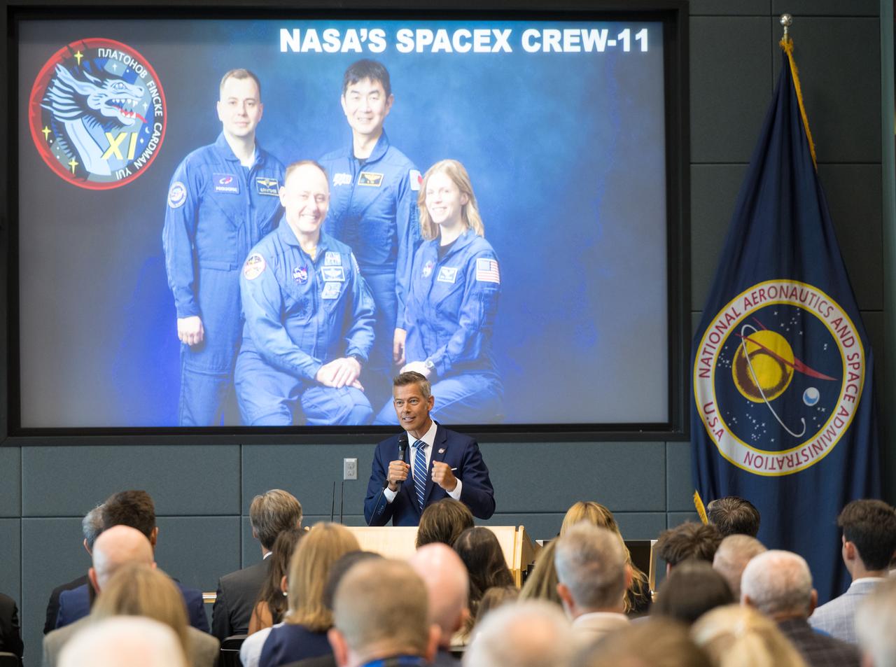 Acting NASA Administrator Sean Duffy, provides remarks at a briefing as NASA astronauts Zena Cardman, Mike Fincke, JAXA (Japan Aerospace Exploration Agency) astronaut Kimiya Yui, and Roscosmos cosmonaut Oleg Platonov, prepared for launch from Launch Complex 39A on NASA's Kennedy Space Center, Thursday, July 31, 2025. The launch was scrubbed due to weather and is now scheduled for 11:43 a.m. EDT on Friday, August 1.  Photo Credit: (NASA/Aubrey Gemignani)