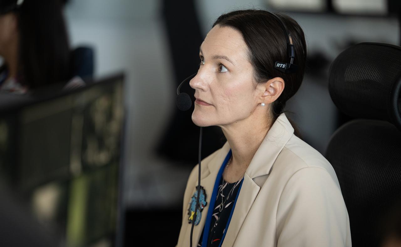 Nicole Jordan, NASA operations manager for the Commercial Crew Program, monitors the countdown of the launch of a SpaceX Falcon 9 rocket carrying the company's Dragon spacecraft on NASA’s SpaceX Crew-11 mission with NASA astronauts Zena Cardman, Mike Fincke, JAXA (Japan Aerospace Exploration Agency) astronaut Kimiya Yui, and Roscosmos cosmonaut Oleg Platonov onboard, Friday, Aug. 1, 2025, in the control center of SpaceX’s HangarX at NASA’s Kennedy Space Center in Florida. NASA’s SpaceX Crew-11 mission is the eleventh crew rotation mission of the SpaceX Dragon spacecraft and Falcon 9 rocket to the International Space Station as part of the agency’s Commercial Crew Program. Cardman, Fincke, Yui, Platonov launched at 11:43 a.m. EDT, from Launch Complex 39A at the NASA's Kennedy Space Center. Photo Credit: (NASA/Joel Kowsky)