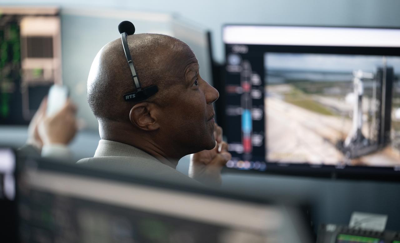 Kelvin Manning, acting center director of NASA’s Kennedy Space Center, monitors the countdown of the launch of a SpaceX Falcon 9 rocket carrying the company's Dragon spacecraft on NASA’s SpaceX Crew-11 mission with NASA astronauts Zena Cardman, Mike Fincke, JAXA (Japan Aerospace Exploration Agency) astronaut Kimiya Yui, and Roscosmos cosmonaut Oleg Platonov onboard, Friday, Aug. 1, 2025, in the control center of SpaceX’s HangarX at NASA’s Kennedy Space Center in Florida. NASA’s SpaceX Crew-11 mission is the eleventh crew rotation mission of the SpaceX Dragon spacecraft and Falcon 9 rocket to the International Space Station as part of the agency’s Commercial Crew Program. Cardman, Fincke, Yui, Platonov launched at 11:43 a.m. EDT, from Launch Complex 39A at the NASA's Kennedy Space Center. Photo Credit: (NASA/Joel Kowsky)