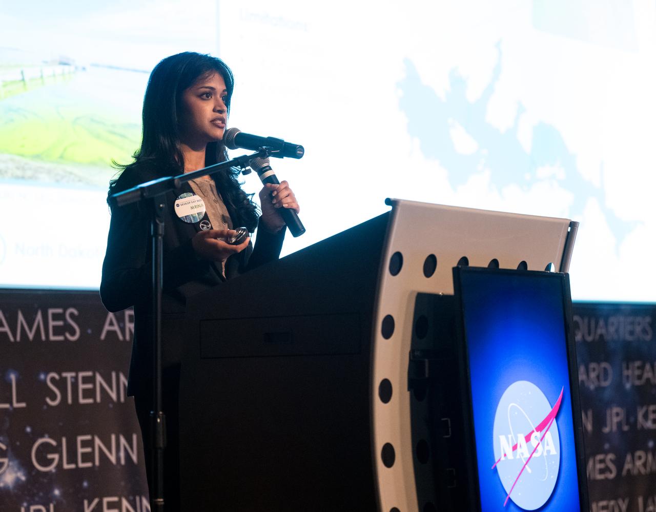 Mrinalee Reddy provides remarks about her DEVELOP Project, Tuesday, August 6, 2024, at the Mary W. Jackson NASA Headquarters building in Washington. Every summer early career researchers from NASA’s DEVELOP National Program come to NASA Headquarters and present their research projects. DEVELOP is a training and development program where early career researchers work on Earth science projects, mentored by science advisors from NASA and partner agencies, and provide research results to local communities. Photo Credit: (NASA/Aubrey Gemignani)