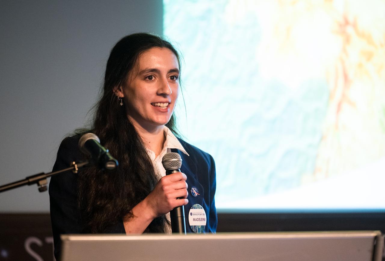 Madeleine Festin provides remarks about her DEVELOP Project, Tuesday, August 6, 2024, at the Mary W. Jackson NASA Headquarters building in Washington. Every summer early career researchers from NASA’s DEVELOP National Program come to NASA Headquarters and present their research projects. DEVELOP is a training and development program where early career researchers work on Earth science projects, mentored by science advisors from NASA and partner agencies, and provide research results to local communities. Photo Credit: (NASA/Aubrey Gemignani)