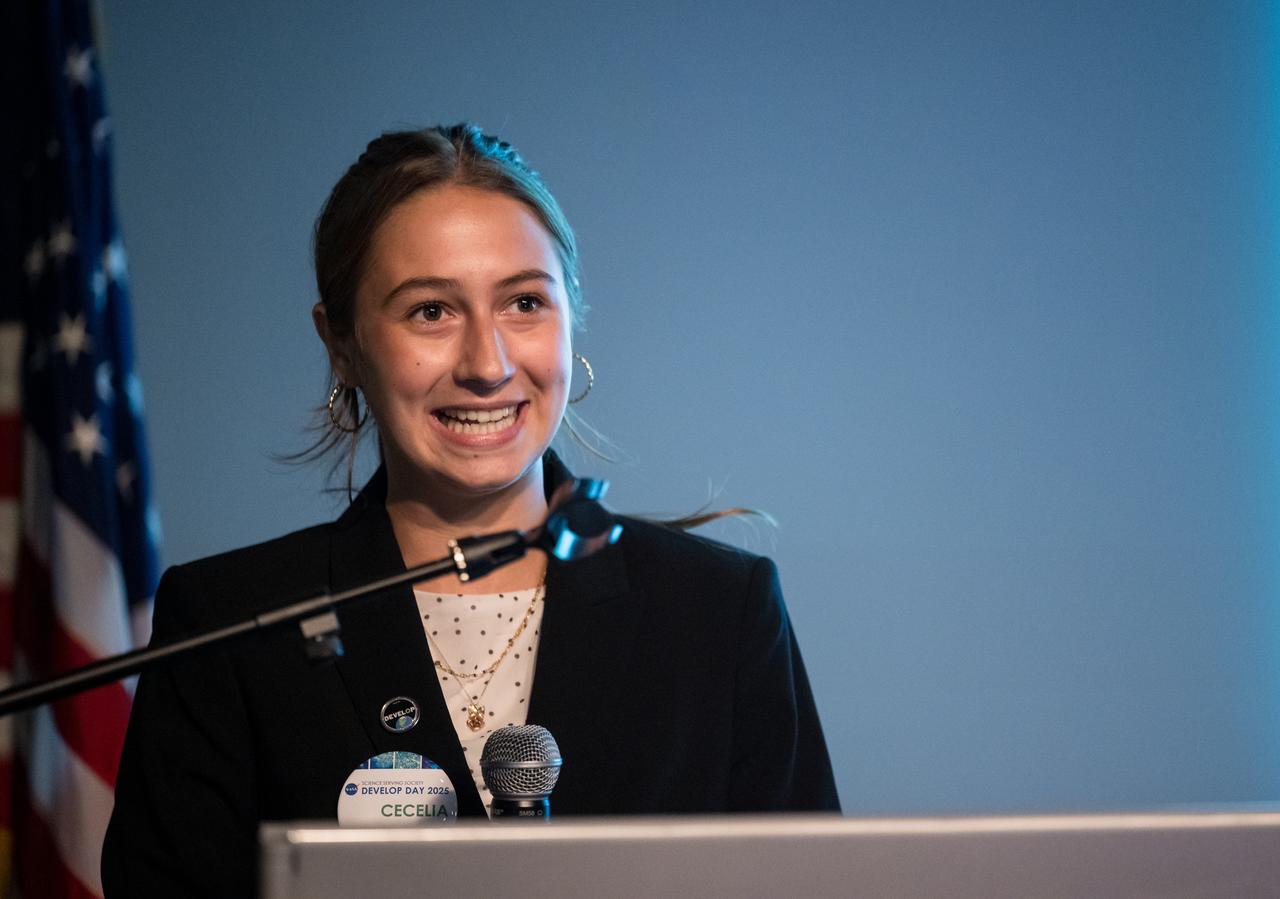 Cecelia Paparella provides remarks about her DEVELOP Project, Tuesday, August 6, 2024, at the Mary W. Jackson NASA Headquarters building in Washington. Every summer early career researchers from NASA’s DEVELOP National Program come to NASA Headquarters and present their research projects. DEVELOP is a training and development program where early career researchers work on Earth science projects, mentored by science advisors from NASA and partner agencies, and provide research results to local communities. Photo Credit: (NASA/Aubrey Gemignani)