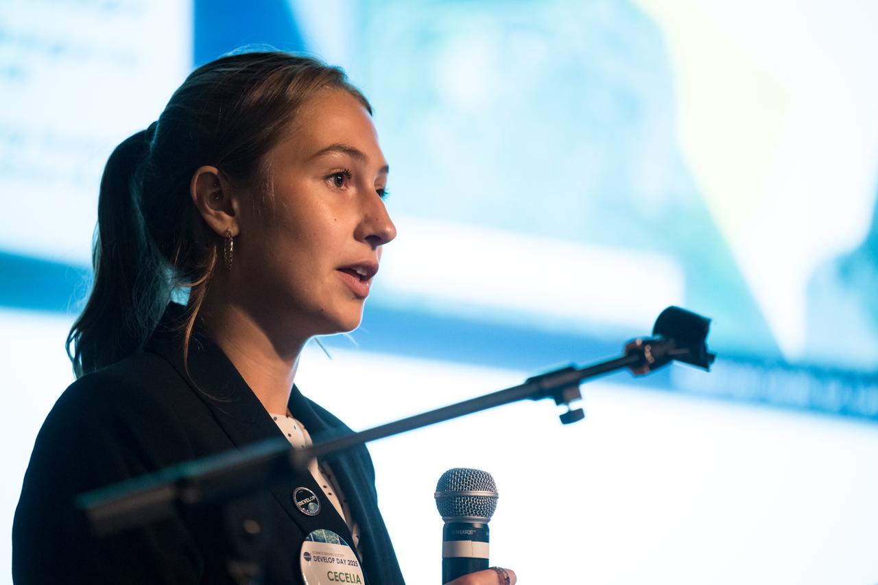 Cecelia Paparella provides remarks about her DEVELOP Project, Tuesday, August 6, 2024, at the Mary W. Jackson NASA Headquarters building in Washington. Every summer early career researchers from NASA’s DEVELOP National Program come to NASA Headquarters and present their research projects. DEVELOP is a training and development program where early career researchers work on Earth science projects, mentored by science advisors from NASA and partner agencies, and provide research results to local communities. Photo Credit: (NASA/Aubrey Gemignani)