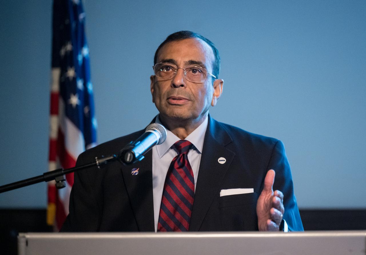 Anoop Mehta, Chief Strategist at Analytical Mechanics Associates, provides remarks after the presentation of DEVELOP Projects, Tuesday, August 5, 2025, at the Mary W. Jackson NASA Headquarters building in Washington. Every summer early career researchers from NASA’s DEVELOP National Program come to NASA Headquarters and present their research projects. DEVELOP is a training and development program where early career researchers work on Earth science projects, mentored by science advisors from NASA and partner agencies, and provide research results to local communities. Photo Credit: (NASA/Aubrey Gemignani)